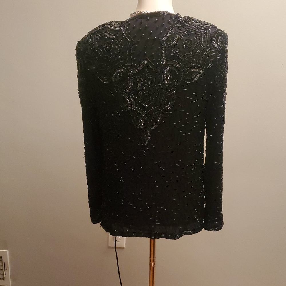 Chic Black Beaded Open-Front Blazer - Picture 2 of 6